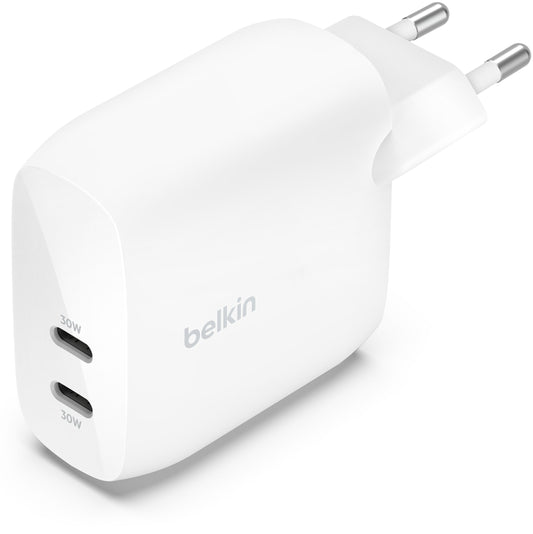Зарядно устройство за мрежа Belkin BoostCharge Pro Dual, 60W, 3A, 2 x USB-C, бяло WCB010vfWH