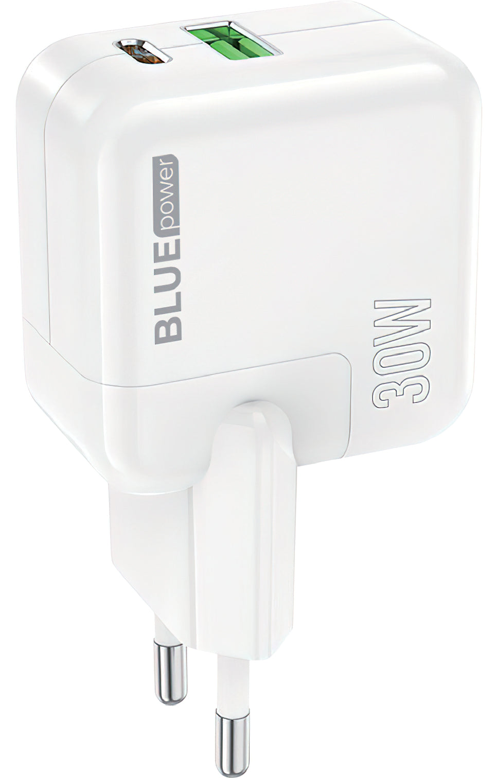 Мрежово зарядно устройство BLUE Power BC111A, 30W, 3A, 1 x USB-A - 1 x USB-C, бяло 
