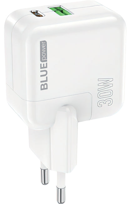 Мрежово зарядно устройство BLUE Power BC111A, 30W, 3A, 1 x USB-A - 1 x USB-C, бяло 