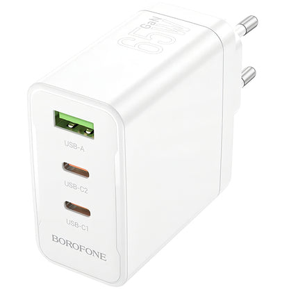 Мрежово зарядно устройство Borofone BN12, 65W, 5A, 1 x USB-A - 2 x USB-C, бяло