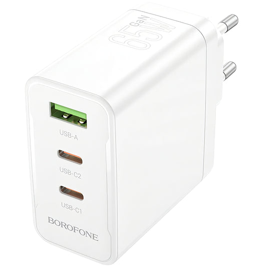 Мрежово зарядно устройство Borofone BN12, 65W, 5A, 1 x USB-A - 2 x USB-C, бяло