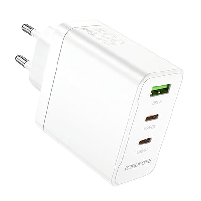 Мрежово зарядно устройство Borofone BN12, 65W, 5A, 1 x USB-A - 2 x USB-C, бяло