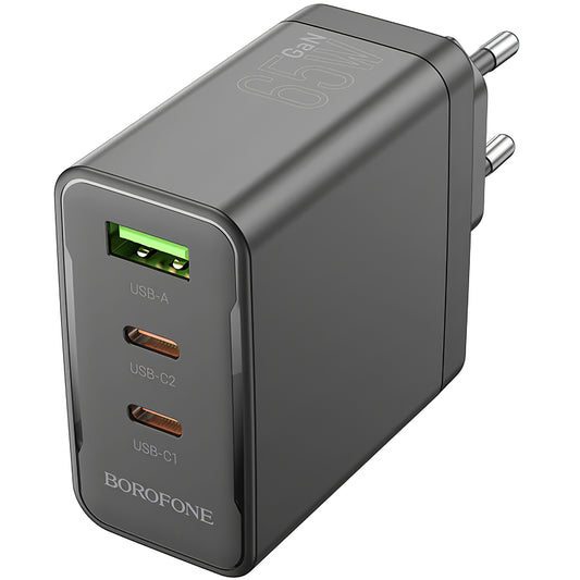 Мрежово зарядно устройство Borofone BN12, 65W, 5A, 1 x USB-A - 2 x USB-C, черно