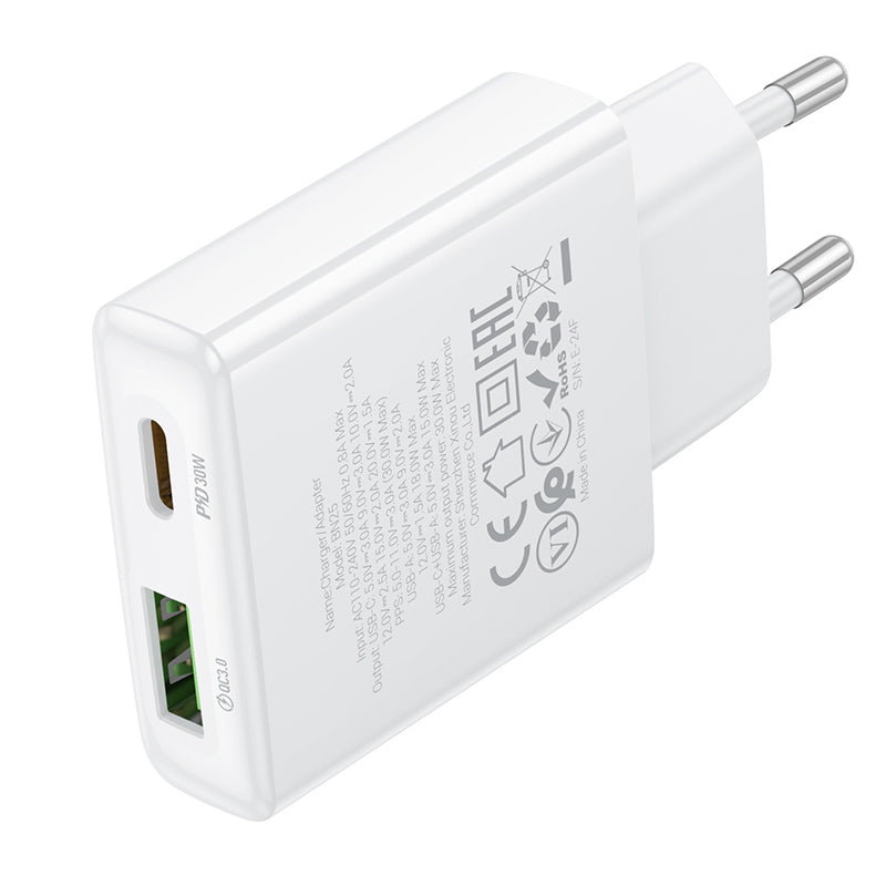 Мрежово зарядно устройство Borofone BN25 Wish, 30W, 3A, 1 x USB-A - 1 x USB-C, бяло 