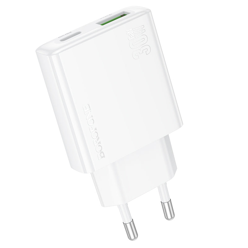 Мрежово зарядно устройство Borofone BN25 Wish, 30W, 3A, 1 x USB-A - 1 x USB-C, бяло 