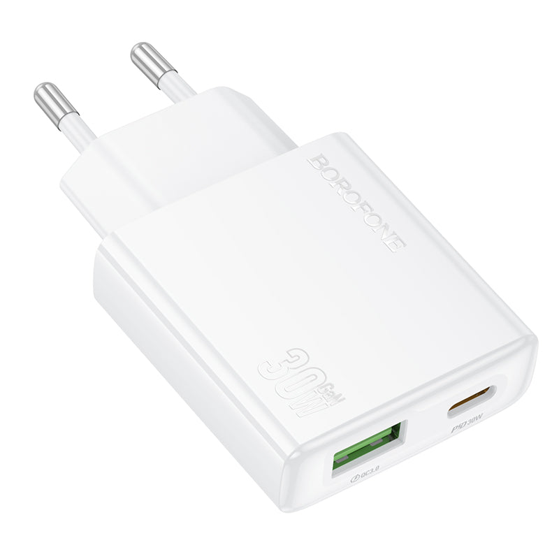 Мрежово зарядно устройство Borofone BN25 Wish, 30W, 3A, 1 x USB-A - 1 x USB-C, бяло 