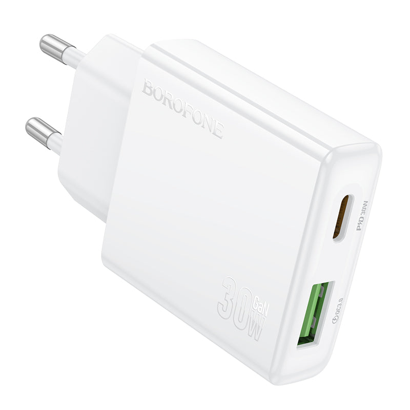 Мрежово зарядно устройство Borofone BN25 Wish, 30W, 3A, 1 x USB-A - 1 x USB-C, бяло 