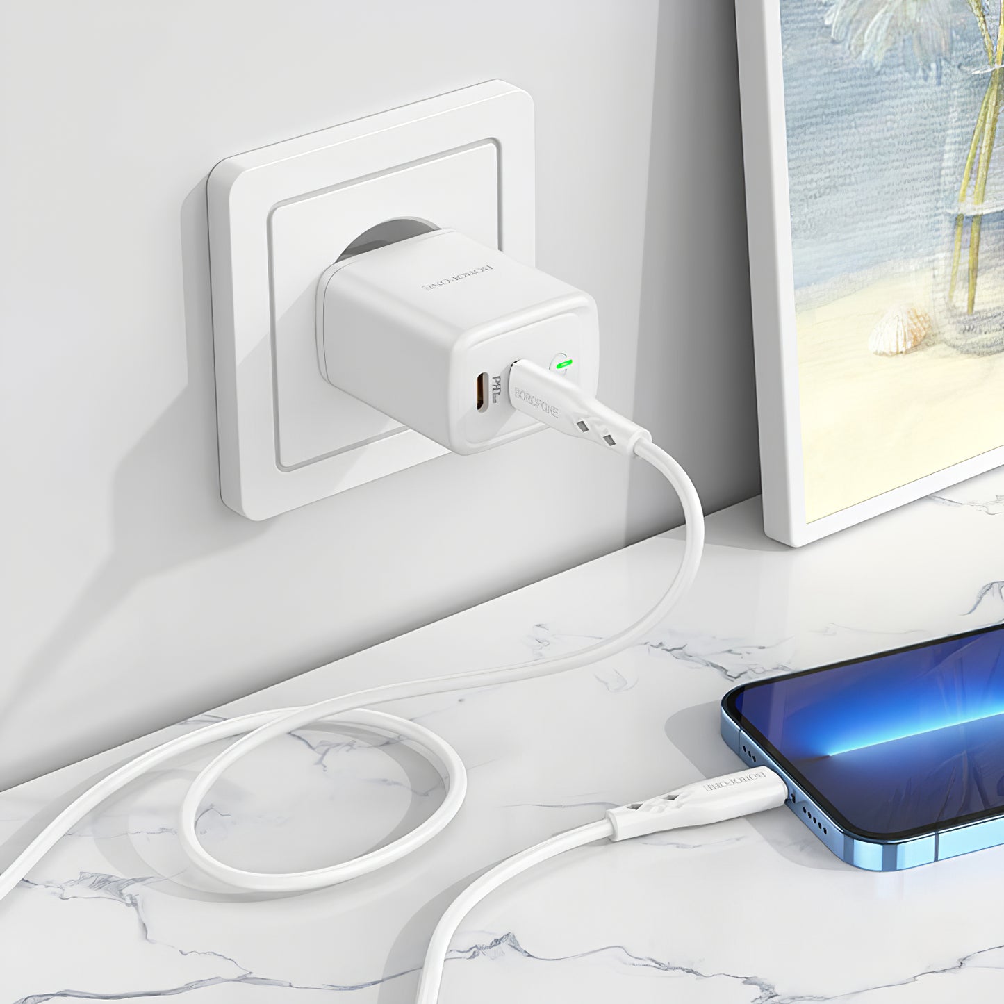 Мрежово зарядно устройство Borofone BN9, 35W, 3A, 2 x USB-C, бяло 