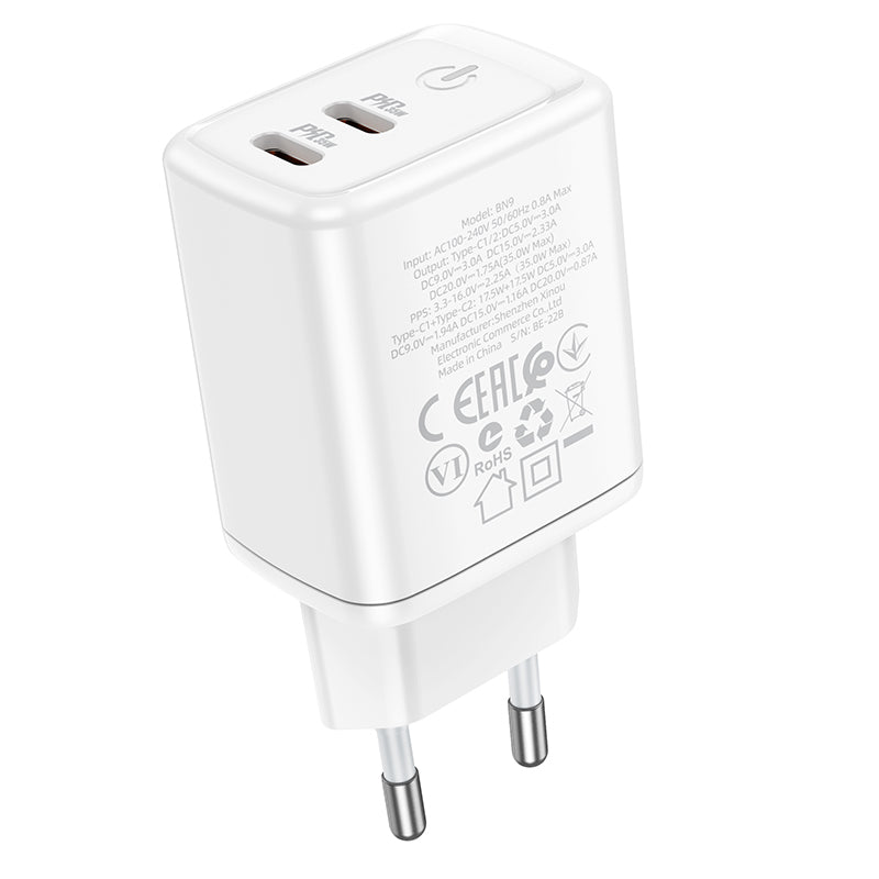 Мрежово зарядно устройство Borofone BN9, 35W, 3A, 2 x USB-C, бяло 