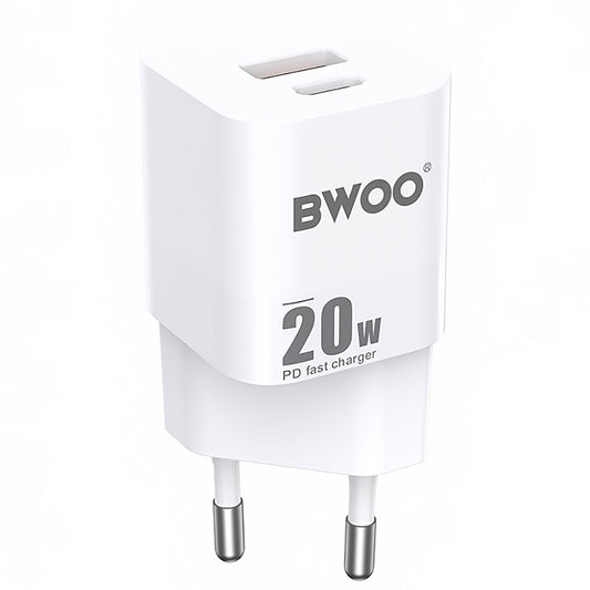 Мрежово зарядно устройство BWOO BO-CDA156, 20W, 3A, 1 x USB-A - 1 x USB-C, бяло 