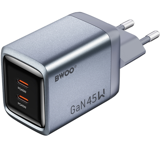 Зарядно устройство BWOO BO-CDA239, 45W, 3A, 2 x USB-C, Сиво