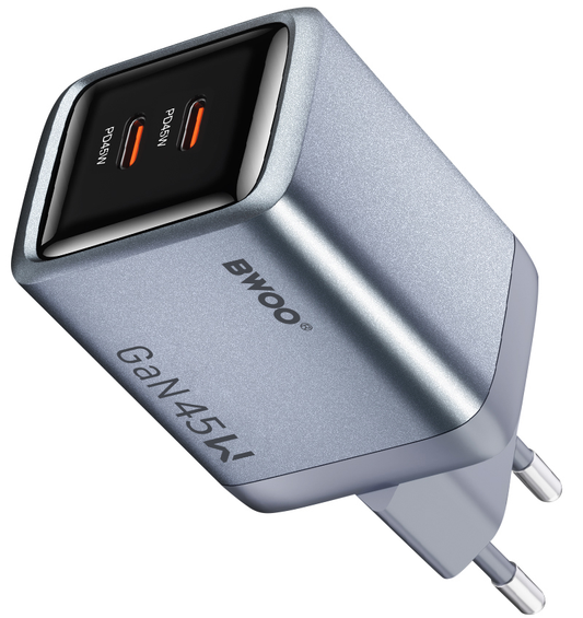 Зарядно устройство BWOO BO-CDA239, 45W, 3A, 2 x USB-C, Сиво
