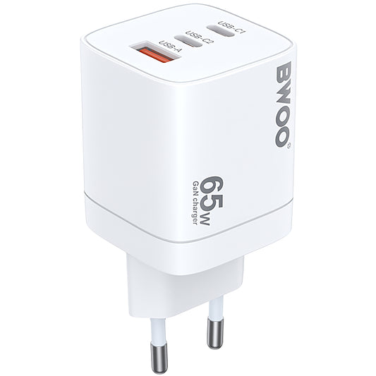 Мрежово зарядно устройство BWOO CDA147, 65W, 4,5A, 1 x USB-A - 2 x USB-C, бяло 