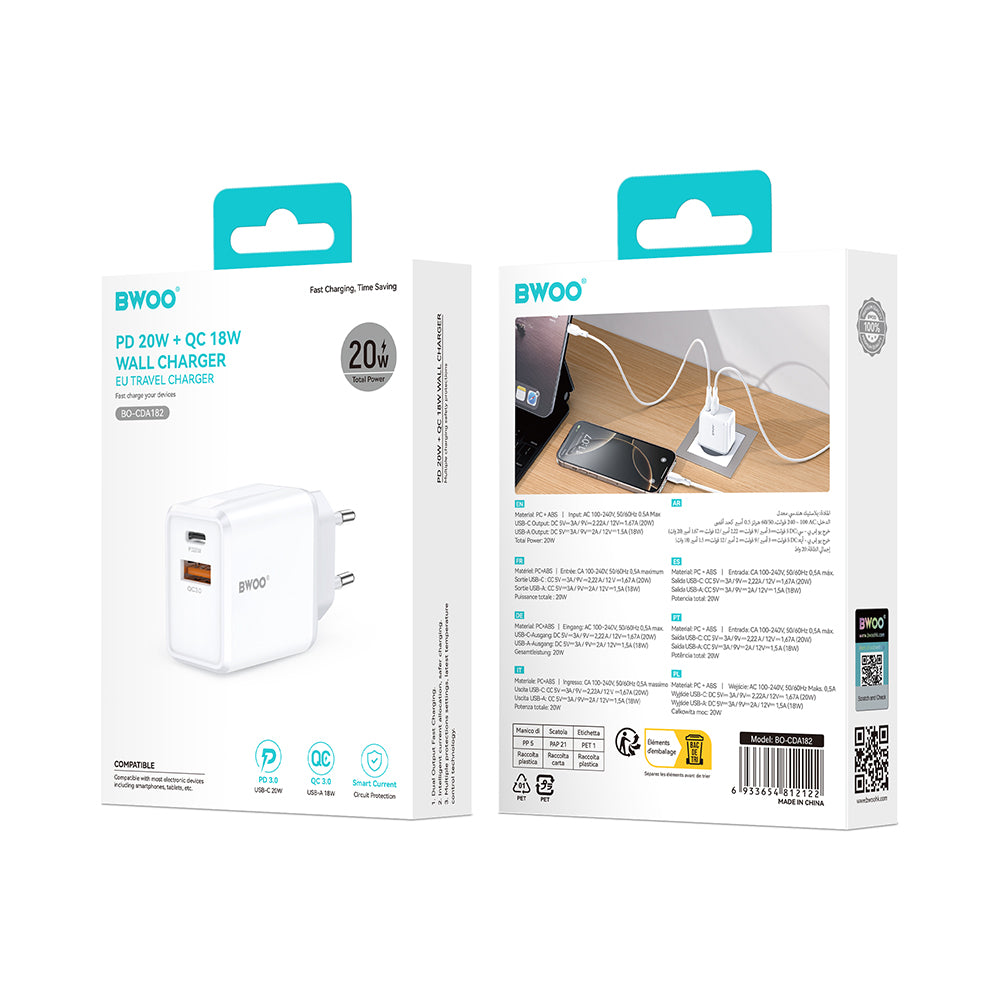 Зарядно за мрежа BWOO CDA182, 38W, 3A, 1 x USB-A - 1 x USB-C, Бяло
