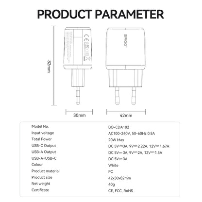 Зарядно за мрежа BWOO CDA182, 38W, 3A, 1 x USB-A - 1 x USB-C, Бяло