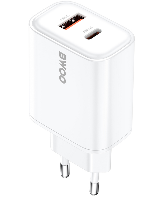 Зарядно за мрежа BWOO CDA207, 36W, 3A, 1 x USB-A - 1 x USB-C, Бяло