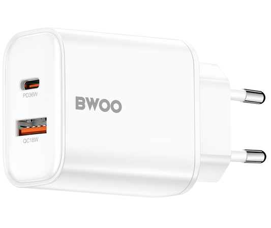 Зарядно за мрежа BWOO CDA207, 36W, 3A, 1 x USB-A - 1 x USB-C, Бяло