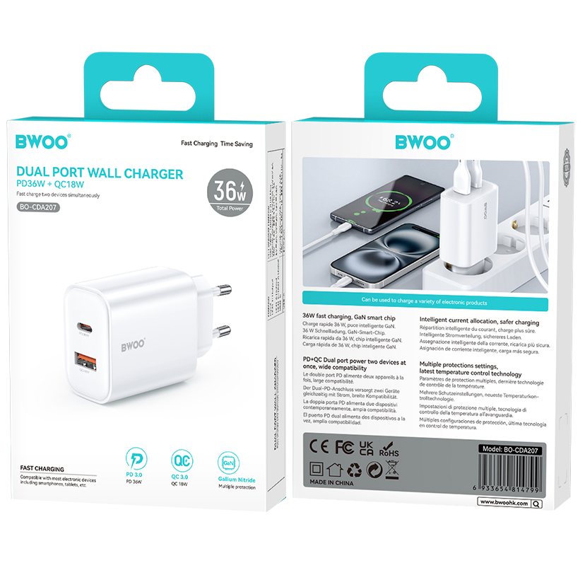 BWOO CDA207 Network Charger, 36W, 3A, 1 x USB-A - 1 x USB-C, White