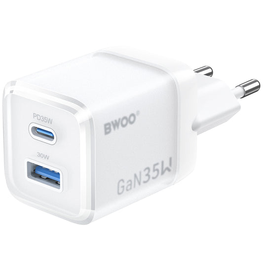 Зарядно за мрежа BWOO CDA222, 35W, 3A, 1 x USB-A - 1 x USB-C, Бяло