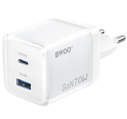 Зарядно за мрежа BWOO CDA224, 70W, 3.25A, 1 x USB-A - 1 x USB-C, Бяло