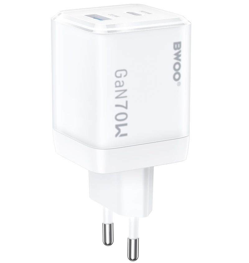 Зарядно за мрежа BWOO CDA224, 70W, 3.25A, 1 x USB-A - 1 x USB-C, Бяло