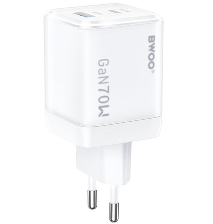 Зарядно за мрежа BWOO CDA224, 70W, 3.25A, 1 x USB-A - 1 x USB-C, Бяло