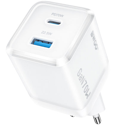 Зарядно за мрежа BWOO CDA224, 70W, 3.25A, 1 x USB-A - 1 x USB-C, Бяло