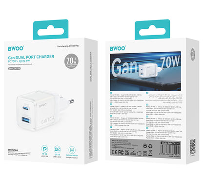 Зарядно за мрежа BWOO CDA224, 70W, 3.25A, 1 x USB-A - 1 x USB-C, Бяло