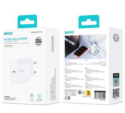 BWOO CDA233 Network Charger, 20W, 3A, 1 x USB-C, White