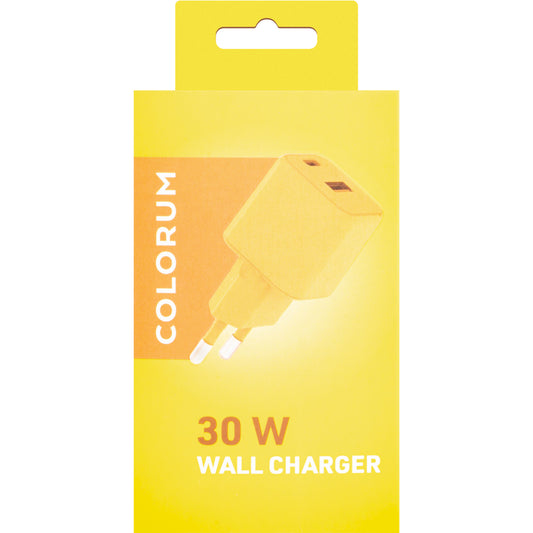 Мрежово зарядно устройство Colorum CLS30-AC-05, 30W, 3A, 1 x USB-A - 1 x USB-C, жълто