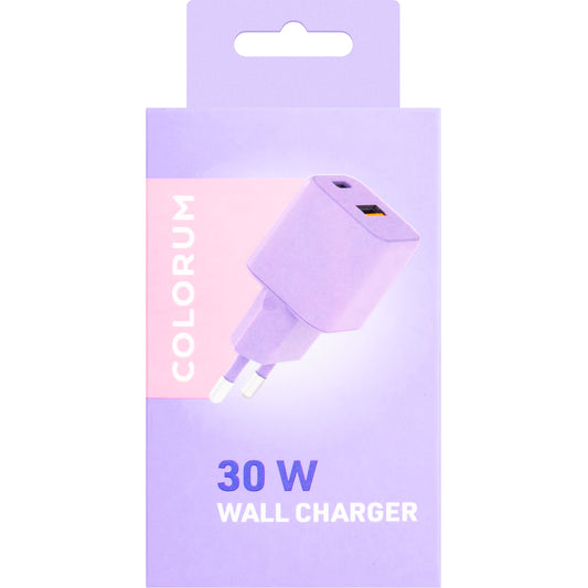 Мрежово зарядно устройство Colourum CLS30-AC-09, 30W, 3A, 1 x USB-A - 1 x USB-C, лилаво