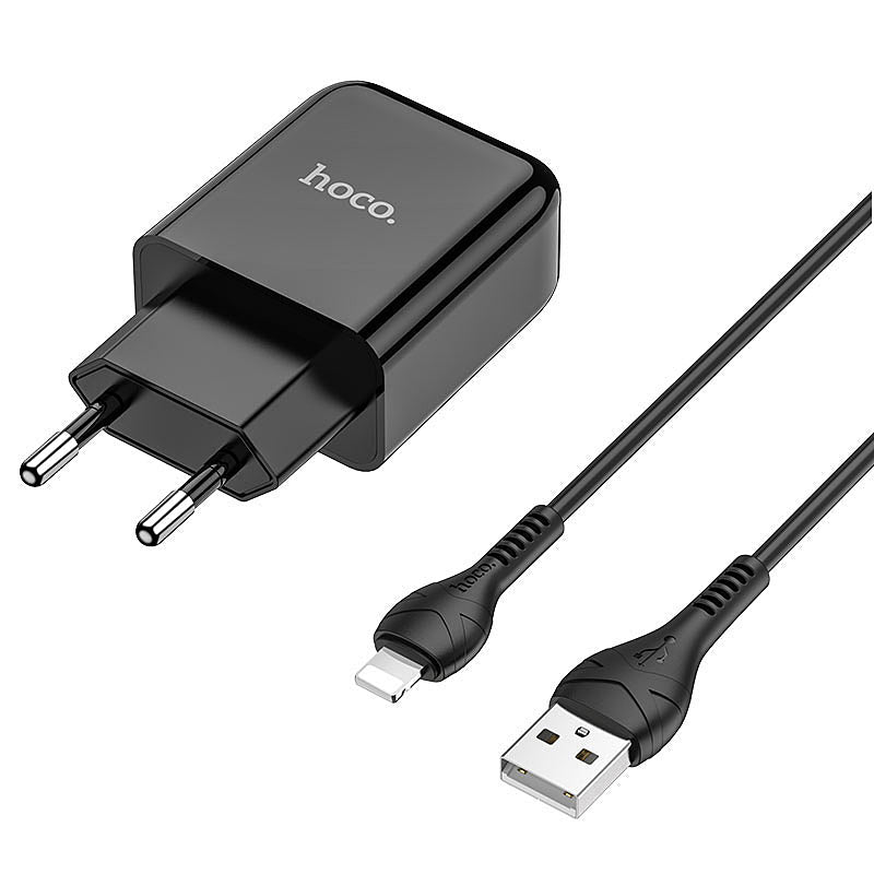 Зарядно за мрежа с кабел Lightning HOCO N2, 10W, 2A, 1 x USB-A, Черно