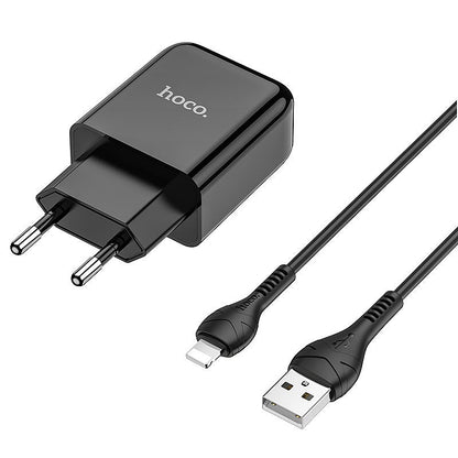 Зарядно за мрежа с кабел Lightning HOCO N2, 10W, 2A, 1 x USB-A, Черно