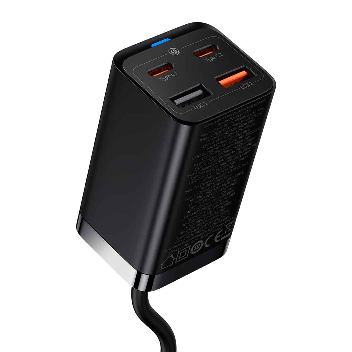 Мрежово зарядно устройство Baseus GaN3 Pro USB-C с кабел, 65W, 3A, 2 x USB-A - 2 x USB-C, черно CCGP04010101