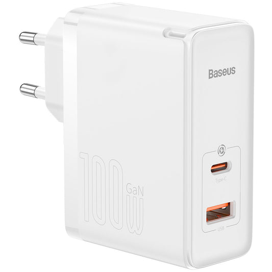 Мрежово зарядно устройство с USB-C кабел Baseus GaN5 Pro, 100W, 3A, 1 x USB-A - 1 x USB-C, Бяло CCGP090202