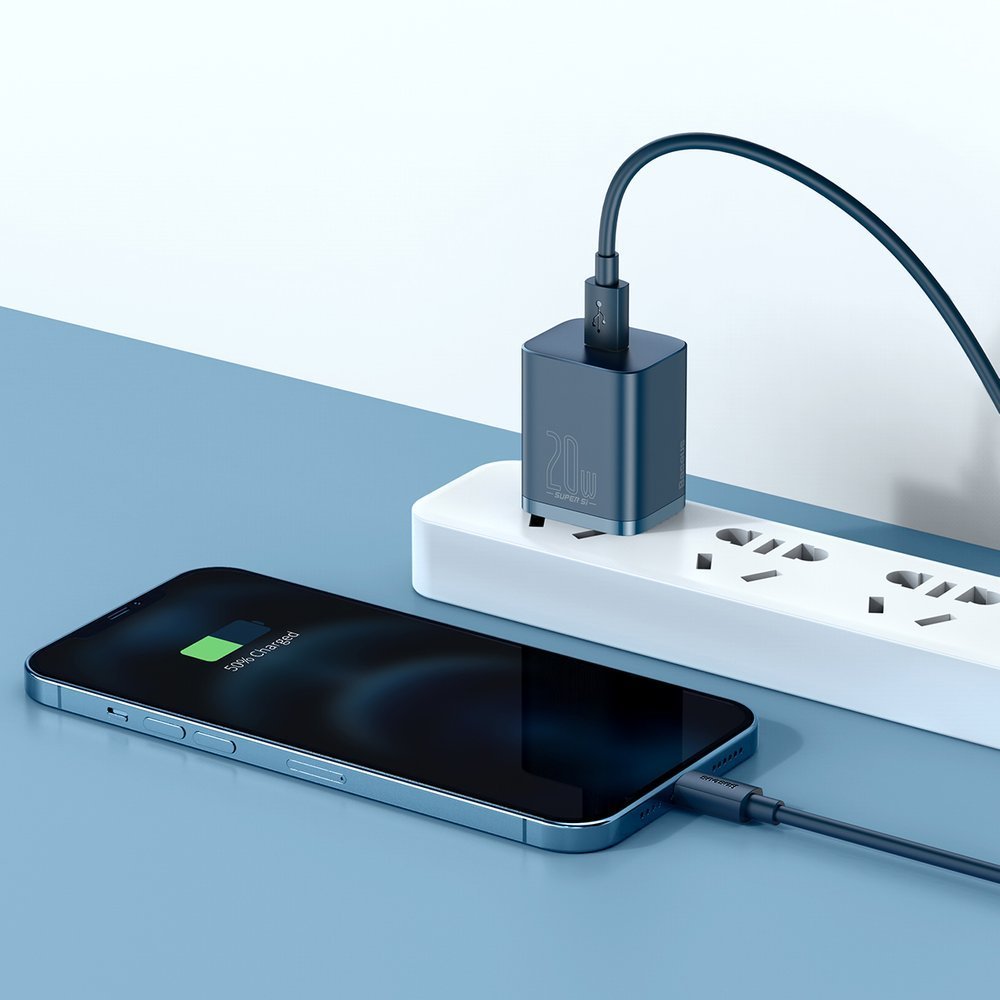 Мрежово зарядно устройство Baseus Super Si с Lightning кабел, 20W, 3A, 1 x USB-C, синьо TZCCSUP-B03