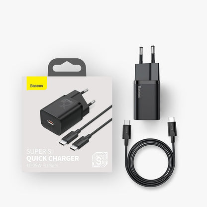 Мрежово зарядно устройство Baseus Super Si USB-C с USB-C кабел, 25W, 3A, 1 x USB-C, черно TZCCCSUP-L01 