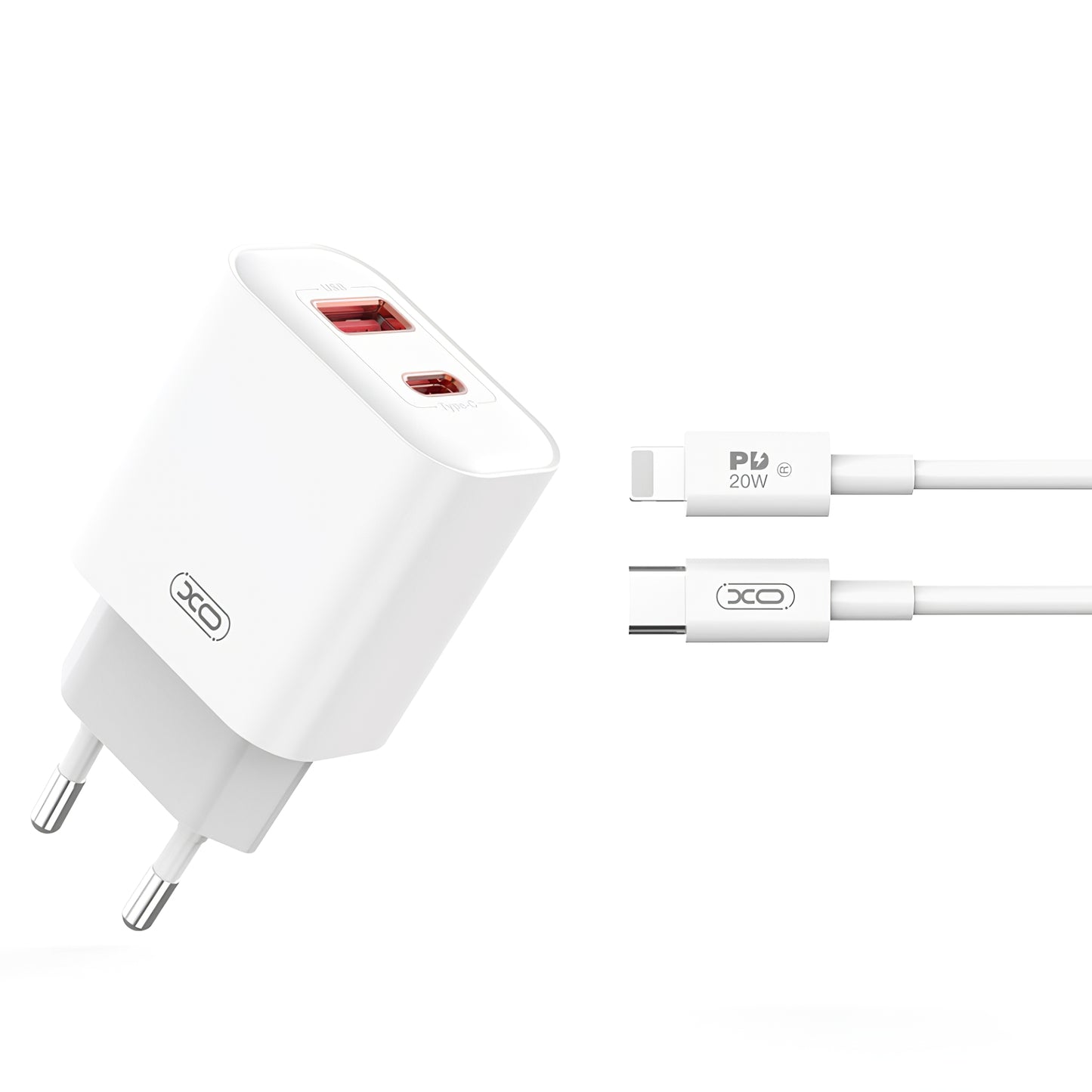 Мрежово зарядно устройство с Lightning кабел XO Design CE12, 20W, 3A, 1 x USB-A - 1 x USB-C, бяло 