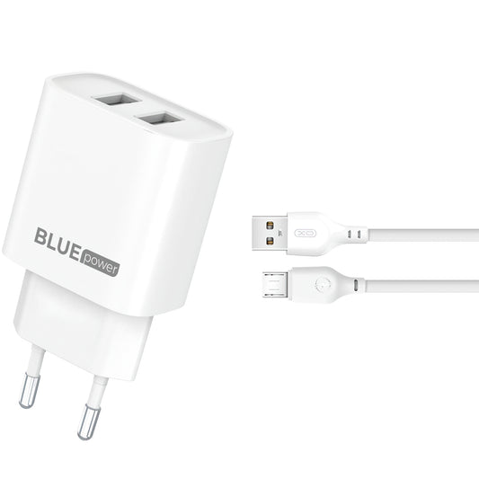 Blue Power BPCE02M Мрежово зарядно устройство с microUSB кабел BPCE02M, 10,5W, 2,1A, 2 x USB-A, бяло 