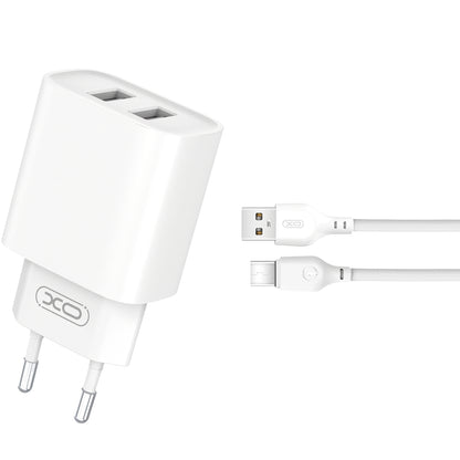 XO Design XO Design BPCE02C USB-C кабелно мрежово зарядно устройство, 10,5 W, 2,1 A, 2 x USB-A, бяло 