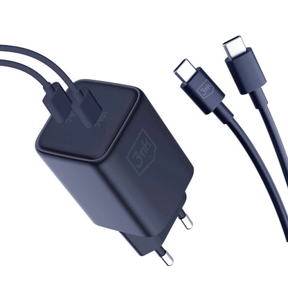 Мрежово зарядно устройство 3MK HyperCharger с USB-C кабел, 45W, 3A, 2 x USB-C, черно 