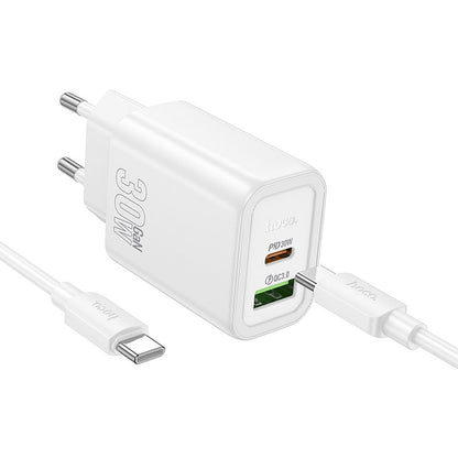 Мрежов зарядно устройство с USB-C кабел HOCO N63, 30W, 3A, 1 x USB-A - 1 x USB-C, Бяло