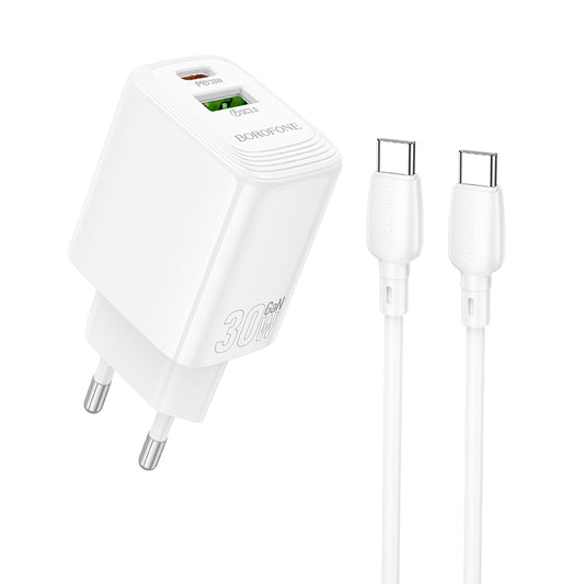 Зарядно за мрежа с USB-C кабел Borofone BN29 Fuente, 30W, 3A, 1 x USB-A - 1 x USB-C, Бяло