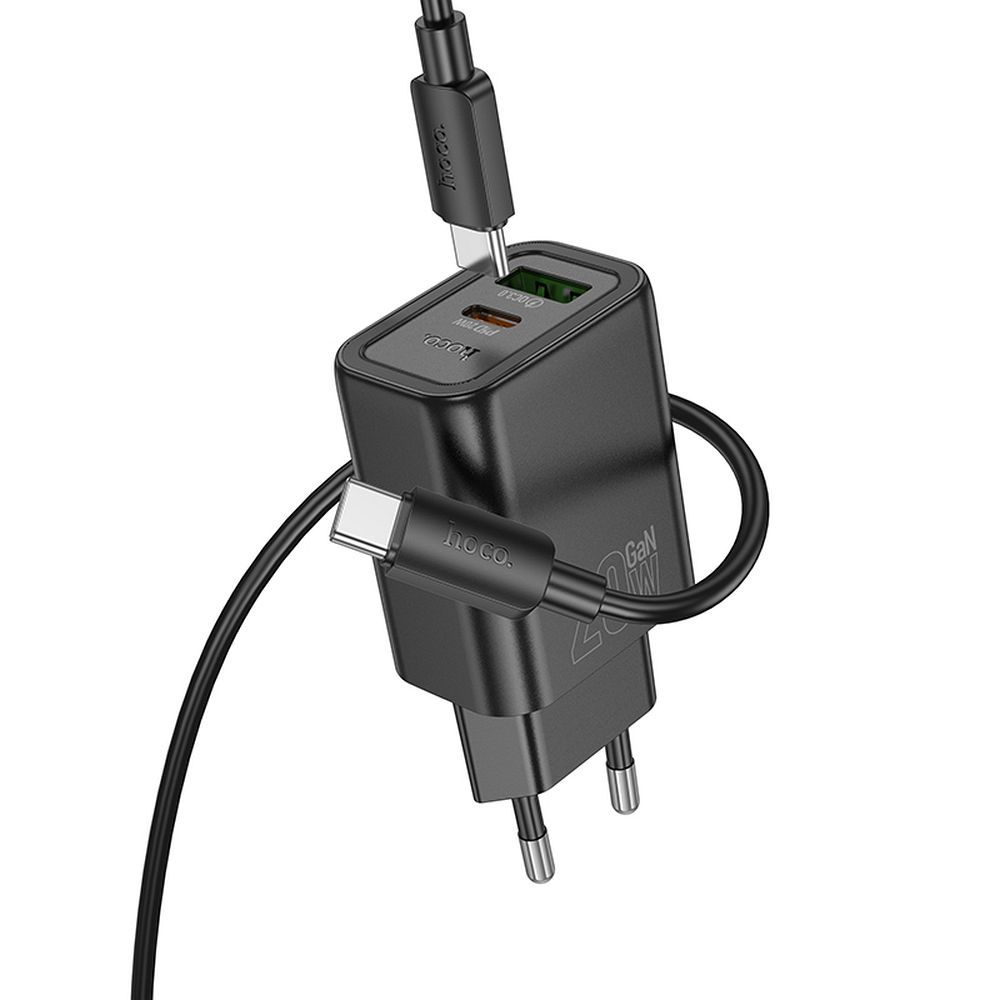 Мрежово зарядно устройство с кабел Lightning HOCO N61, 20W, 3A, 1 x USB-A - 1 x USB-C, Черно