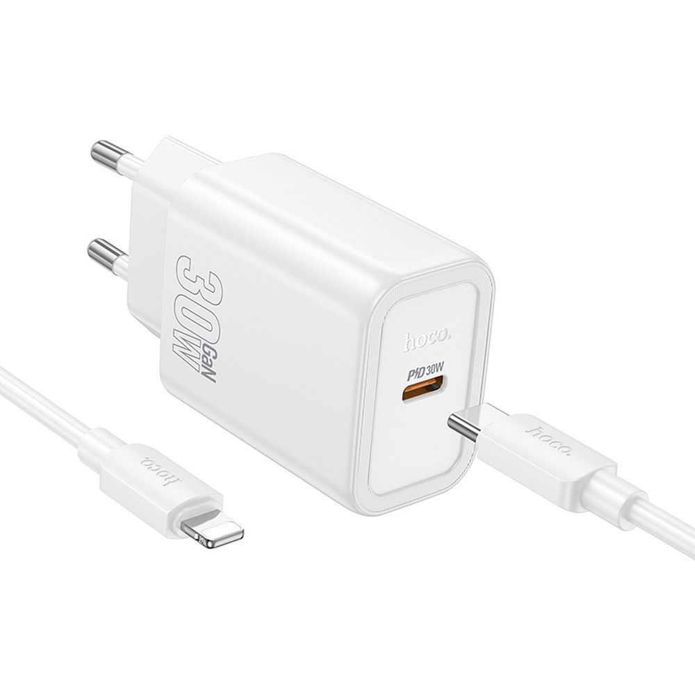 Зарядно за мрежа с кабел Lightning HOCO N62, 30W, 3A, 1 x USB-C, Бяло