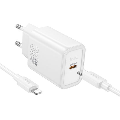 Зарядно за мрежа с кабел Lightning HOCO N62, 30W, 3A, 1 x USB-C, Бяло