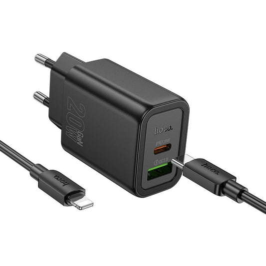 Мрежов зарядно устройство с USB-C кабел HOCO N61, 20W, 3A, 1 x USB-A - 1 x USB-C, Черно