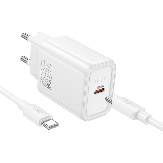 Мрежово зарядно устройство с USB-C кабел HOCO N62, 30W, 3A, 1 x USB-C, Бяло