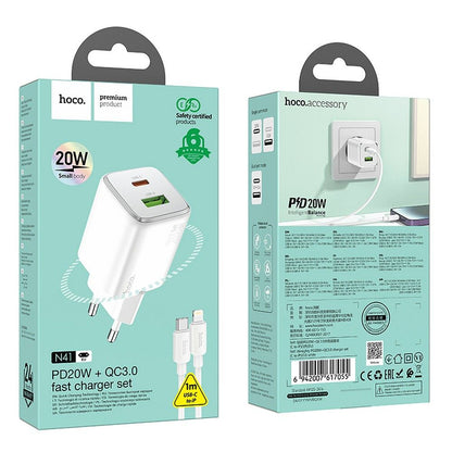Зарядно за мрежа с кабел Lightning HOCO N41, 20W, 3A, 1 x USB-A - 1 x USB-C, Бяло