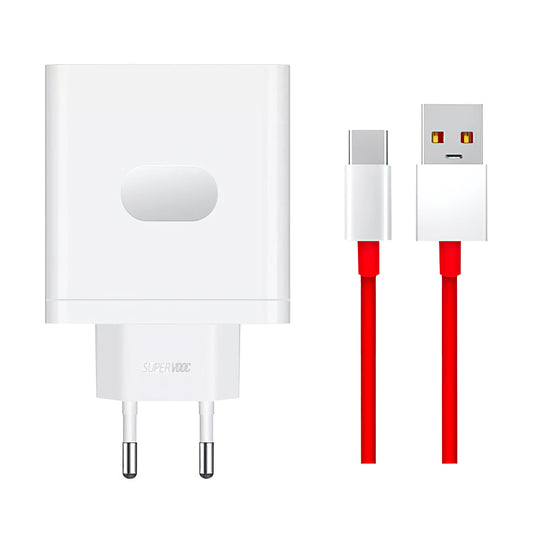 Зарядно устройство за мрежа с кабел USB-C OnePlus VCBA0BEH, 100W, 9.1A, 1 x USB-A, Бяло 5461100521